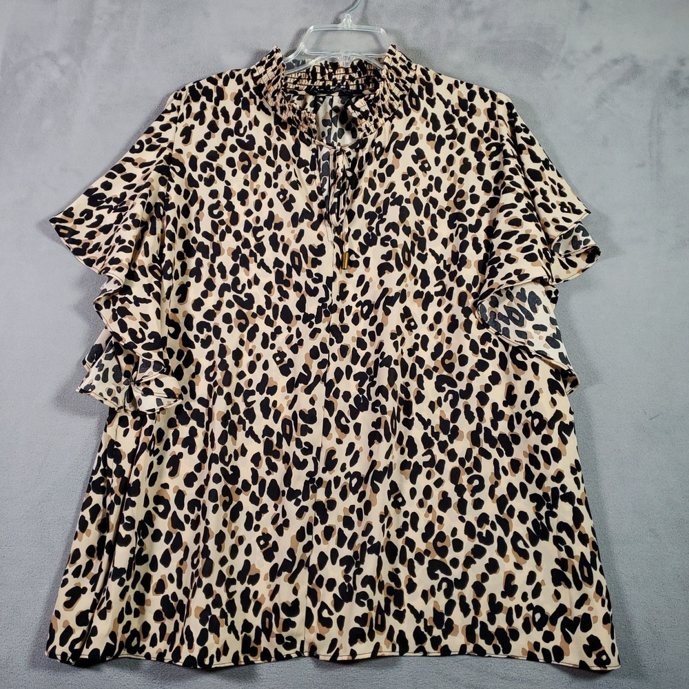 T Tahari Blouse Women 2X Tan Leopard Ruffle Sleeve Smocked Neck Mob Wife Chic